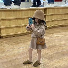Clothing Sets Girls Clothes Suit Fall And Winter Retro Style Pullover Sweater Knitted Lapel Thick Coat Skirt Two-piece Set Girl Dress