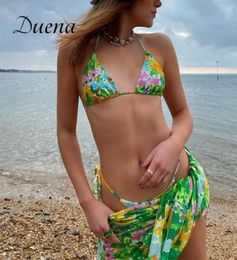 Duena Women Swimwear 2021 Floral Seperate Swimsuit Bikini Top And Skirt Sets Sexy 3 Piece Dress Bathing Suit Green Women039s6955079