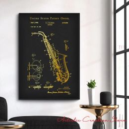 Musical Instruments Patent Prints Poster Gold Saxophone Patent Piano Blueprint Guitar Drawing Music Canvas Picture Home Decor