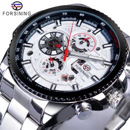 Forsining Top watch Brand Luxury Date Luminous Hands Complete Calendar Mens Automatic Watches Silver Stainless Steel Strap Wrist Watch 259B