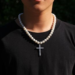 Pearl Chain Necklace Cross Pendant Hip Hop Necklaces for Women Men 8-10mm Pearls Beads Link Vintage Necklace Statement Jewellery Gift 270B