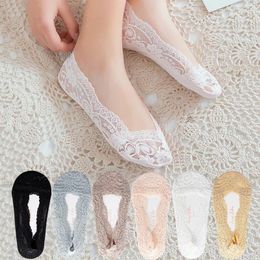 Women Socks 5 Pairs/Lot Women's Ankle Short No-Show Invisible Foot Summer Thin Cotton Set White Low Cut Boat Lace Silicone Non-Slip