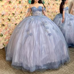 Sparkly Grayish Blue Princess Quinceanera Dresses Off Shoulder Corset Flower Beads Crystal vestido de 15 quinceanera Sweet 16 Gown