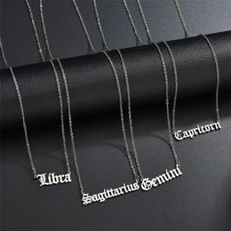 Libra 12 Constellations Necklaces Female 14K White Gold English Letters Necklaces for Women Men Zodiac Jewelry Gift