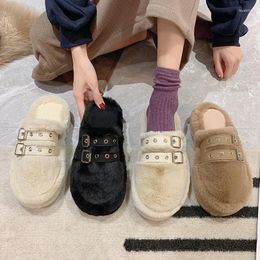 Slippers Thick Bottom Belt Buckle Fluffy Female External Wear 2024 Winter Korean Version Covered Toe Cotton Ladies Sandals