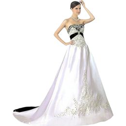 Vintage Black And White Wedding Dresses A-line Embroidery Beaded Satin Long Bridal Gowns Strapless Sleeveless Vestido De Novia 2024 Gothic Country Bride Robe