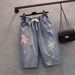 4XL Plus Size Embroidery Denim Summer Shorts Women Loose Midi Straight Vintage Casual Short Femme Hole Ripped Jeans C7477 240527