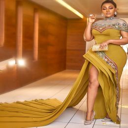 arabic aso ebi gold luxurious sexy evening dresses beaded crystals prom dresses high split formal party second reception gowns zj263 2721