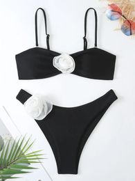 Women's Swimwear Sexy 3D Flower Bikini Sets Women White Black Patchwork Push Up Thong Swimsuit 2024 Brazilian Bathing Suit Micro Biquini