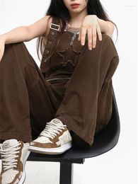 Women's Jeans QWEEK 90s Vintage Brown Denim Overalls Y2K Grunge Detachable Jumpsuits Oversized Harajuku Retro Streetwear Wide Leg Pants