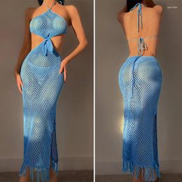 Sexy Summer Vacation Outfits Beach Cover Up Dress Knitted Halter Backless Maxi Dresses For Women Hollow Out Side Split Swimwear