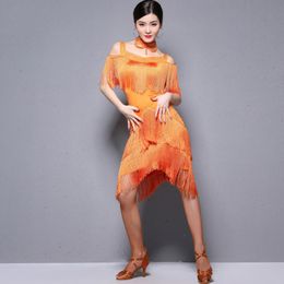 Latin Dance Costume Ballroom Dance Dresses Blue Red Orange Black Fringe Dress For Women Rumba Tango QERFORMANCE Clothes DQL1221 239Z