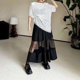 Skirts High Elastic Waist Black Irregular Mesh Perspective Midi Half-body Skirt Women Fashion Tide Spring Autumn 2024