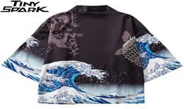 2020 Harajuku Kimono Jacket Japanese Kanagawa Great Wave Hip Hop Mens Streetwear Jacket Dragon Koi Fish Thin Gown Japan Style CX207330537