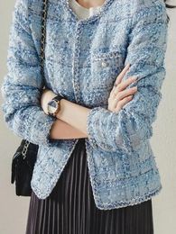 Stylish Lady Jackets Elegant Blue Plaid Tweed Long Sleeve Coats for Women Loose O-Neck Classic Jackets for Spring and Autumn 240514