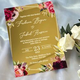 Party Decoration 10pcs Mirror Gold Acrylic Wedding Invitation Personalised Invite Burgundy Red Blush Rose Peony Gift Favour