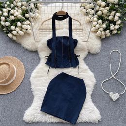 Work Dresses Summer Women 2 Pieces Set Retro Style Strapless Sleeveless Lace-up Bandage Crop Top And Elastic Waist Mini Pencil Skirt Suits