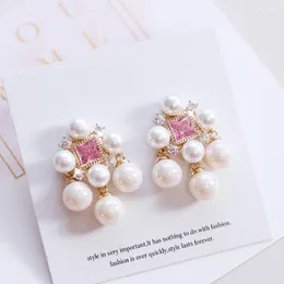 Dangle Earrings Fashion Sweet Princess Small Square Pink Stone Women Jewellery Accessory