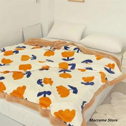 Blankets Thick Lamb Fleece Blanket With Tulip Illustration Double-Layer Nap Casual Household Shawl Korean Style