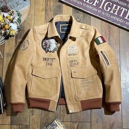 Ölwachs -Top -Schicht Cowide A2 Air Force Fluganzug, indische bestickte echte Jacke, Herren -Motorrad -Lederjacke