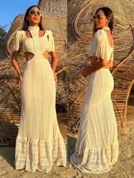 Basic Casual Dresses Sexy White Lace Womens Dress Turtle Neck Fringe Sleeves Ultra Thin Naked Waist Hollow Long Sleeves Summer Beach Womens Knitted Robe J240527