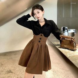 Work Dresses Casual Skirt Female 2024 Autumn Pleated Suit Women Retro Chic High-grade Salt Shirt Two-piece Set Of