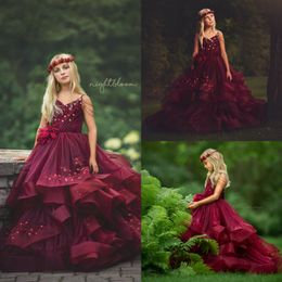 Lace Burgundy Flower Girl Dresses Tiered Skirts Tulle Appliqued A Line Little Girls Pageant Dress Beading First Communion Gowns 275a