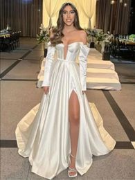 New White Satin Wedding Dresses strapless Off-Shoulder Long Sleeves A-Line bride gowns side slit Floor-Length plus size Wedding Party Dress