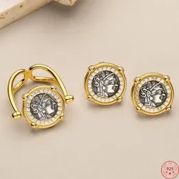 Stud Earrings S925 Sterling Silver Charms Studs For Women Men Ancient Coins Goddess Of Victory Zircon Ear Rings