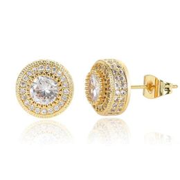 Unisex Stunning Round Cut Cubic Zircon Stud Earrings 1CM Diameter HipHop Brass Drop shiping Jewellery for Man Women 218y