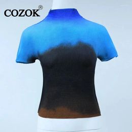 Women's T Shirts COZOK Thin Casual All-match Women T-shirt Famale High Collar Gradient Ramp Short Sleeve Slim Top 2024 Summer Fashion WT101