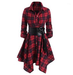 Casual Dresses Elegant Long Sleeve Red Plaid Shirt Women Turn Down Collar Ruffle Hem Single Breasted Autumn Party Dress Corset Ves5941684