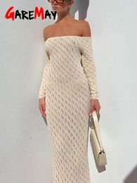 Casual Dresses 2024 Elegant Off-shoulder Women's Midi Dress Sexy Long Sleeve Knitted For Women Holiday White Hollow Out Beach