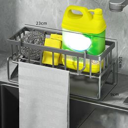 Kitchen Storage Self-draining Sink Shelf Stainless Steel Drain Rack Soap Sponge Holder Organiser With Detachable Hanging Rod
