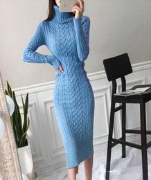 Casual Dresses 2021 Winter Thicken Turtleneck Sweater Maxi Women Bodycon Knitted Solid Color Plus Size Dress Female Knitwear Vesti9476238