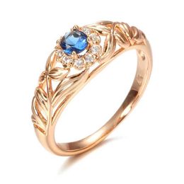 Band Rings Kinel Blue Natural Zircon 585 Rose Gold Ring Hollow Crystal Flower Ethnic Bride Wedding Ring Vintage Exquisite Jewellery J240527