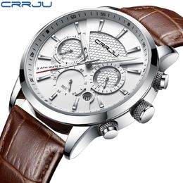 CRRJU New Fashion Men Watches Analog Quartz Wristwatches 30M Waterproof Chronograph Sport Date Leather Band Watches montre homme 342A