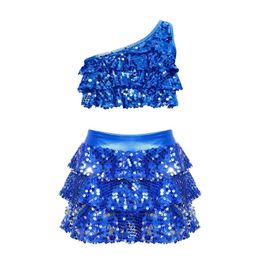 Dancewear Kids Girls Sequins Hip Hop Jazz Dance Costume Tiered Ruffles One Shoulder Crop Top Vest with Pantskirt Set Performance Outfit Y240524