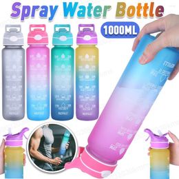 Water Bottles 1000ML Large Capacity Gradient Bottle Spray With Straw 1 Litre Leakproof Time Marker For Sports Fitness