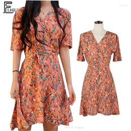 Party Dresses Cute Sweet Women Korea Japan Design Girls Summer Short Sleeve Bow Tie Slim Waist V Neck Floral Printed Chiffon Dress 690