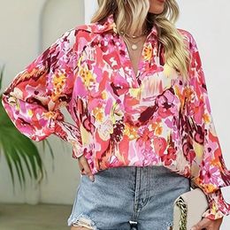 Women's Blouses Summer Floral Print Shirt Casual Long Sleeve Button V Neck Tops Retro Ethnic Style Lady Slim Elegant Women Tunic Shirts