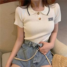 Women's Polos Summer Clothing Strtwear T Shirt Women Sexy Trend Casual Fashion Basic Korean Style Female Button Letter Chic French Cute Tops Y240527