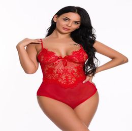 Sexy Lingerie Bodysuit Erotic Lace Solid Onesies Onepiece Underwear Playsuit Women Pyjamas Halter Temptation Perspective Red9480738