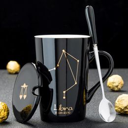 12 Constellations Ceramic Coffee Milk Mug with Spoon Lid Black and Gold Porcelain Zodiac Ceramic Cup 420ML Home Water Drinkware 2475