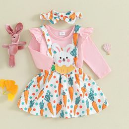 Clothing Sets Born Infant Baby Girl Easter 3Pcs Outfit Long Sleeve Romper With Carrot Print Embroidery Overall Dress And Bow Headband