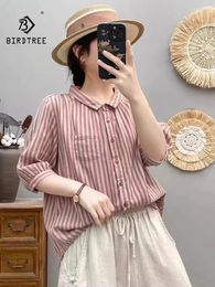 Women's Blouses Spring Cotton Yarn Casual Striped Shirts Women Lapel Girl Short Sleeve Academic Style OL Tops 2024 Summer T45501QC
