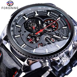 Forsining Watch Men Sport Mechanical Wristwatch Automatic Self-Wind Clock Date 3 Dials Shiny Leather Business Waterproof Relogio 297H
