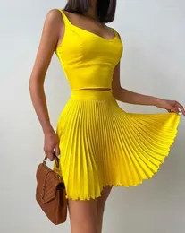 Work Dresses Summer Fashion Solid Colour Printed Cut Vest And Pleated Skirt Set Floral Camisole