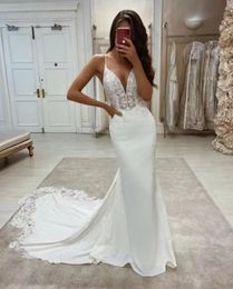 Private Custom Boho Wedding Dresses V-Neck Appliques Lace Mermaid Elegant Wedding Gown Spaghetti Strap Sexy Country Bridal Dress