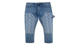 Hip Hop Washed Blue Patchwork Flower Casual Men039s Jeans Trousers Straight Retro4593760